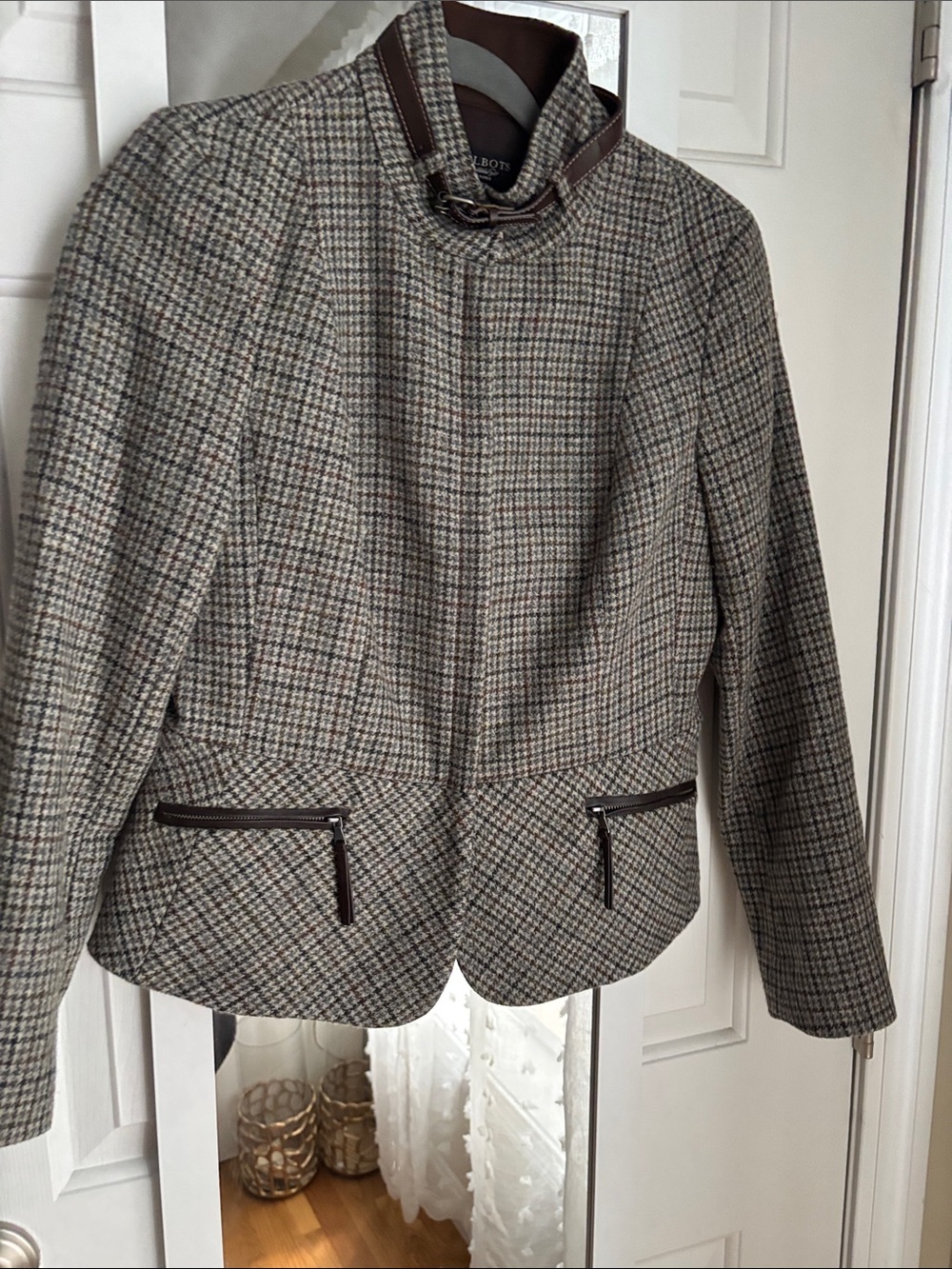 Talbots Gray Plaid Wool-Blend Blazer with Brown Trim